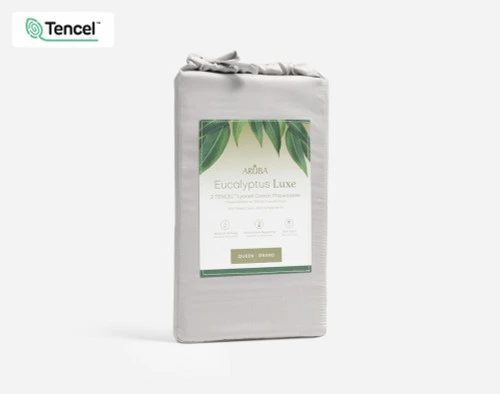 Fabric packaging for our Eucalyptus Luxe TENCEL™ Lyocell Pillowcase in Silver sitting against a solid white background.