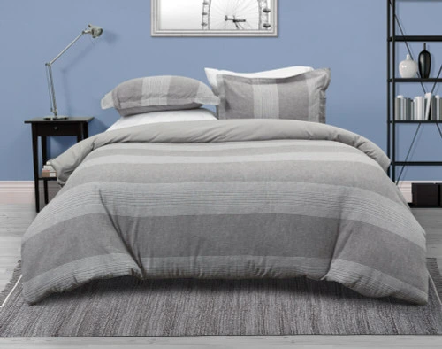 Front view of the Nathan Linen Blend Duvet Cover Set featuring a horizontal striped pattern in shades of grey which reverses to a light grey.