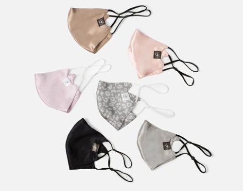 100% Silk Reusable Face Mask Sets come in Bronze, Blush Pink, Lavender Purple, Silver, Silver Leopard, and Black.