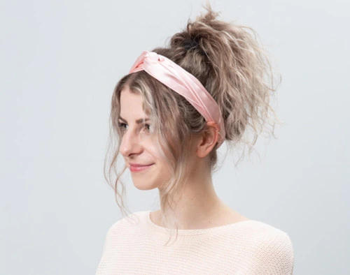 100% Silk Twist Headband in Blush, angle view.