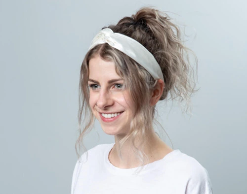 100% Silk Twist Headband in White, angle view.