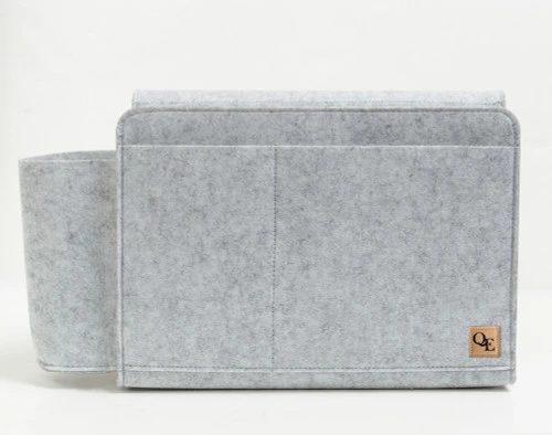 Front view of our Bedside Felt Pocket in Light Grey sitting empty against a solid white background.