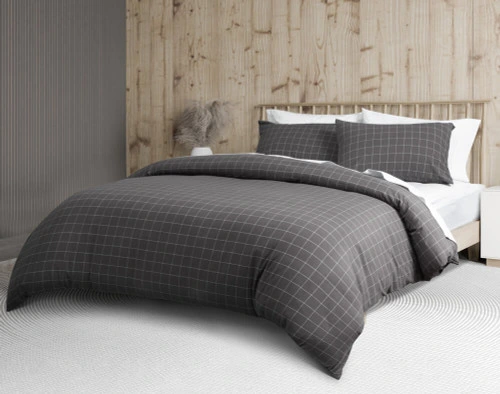 Our Alastair Black Flannel Duvet Cover Set features tasteful white lines on comfortable cotton flannel.