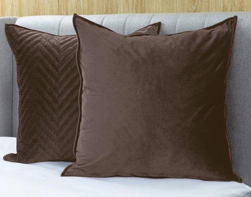 Pair of Quilted Chevron Euro Shams in Java Brown to show both its patterned face and solid reverse side-by-side.