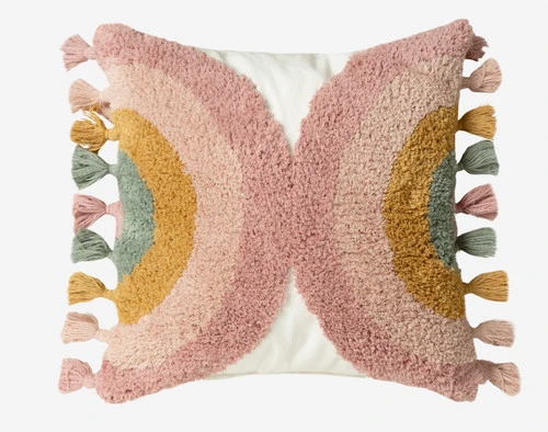 Our Tufted Rainbow Square Cushion Cover sitting against a solid white background.