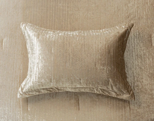 Top view of our pillow sham for our Avalon Quilt Set in Champagne Gold with coordinating velvet surface.