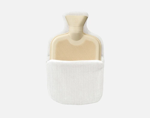 Top view of the reverse on our Chenille Sherpa Hot Water Bottle in White with top edge removed to show the internal rubber water bottle.