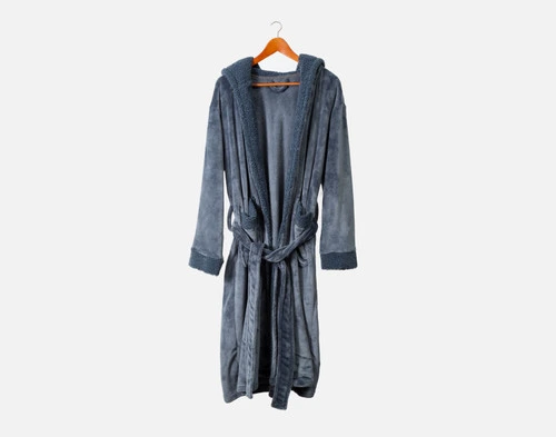 Our Fleece Boucle Bathrobe in Thundercloud hanging on a clothes hanger against a white background.