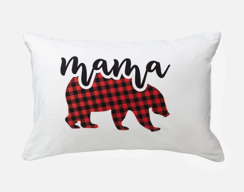 One of our Mama & Papa Pillowcases featuring a design of a red plaid bear with "mama" written over top.