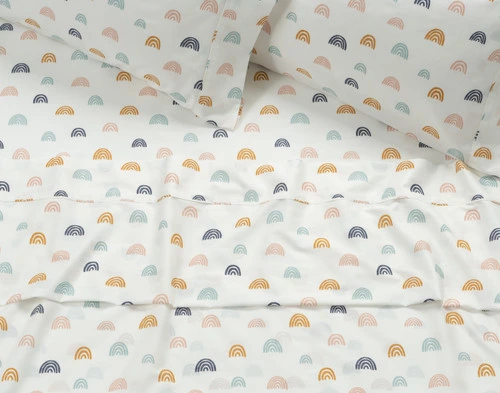 Rainbow Dreamer Organic Cotton Sheet Set close-up to see flat sheet and pillowcases.