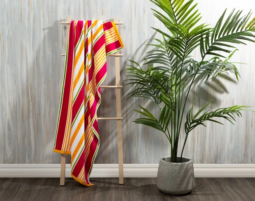 Our Capri Cotton Beach Towel draped over a hanging lattice next to a potted fern in a white room.