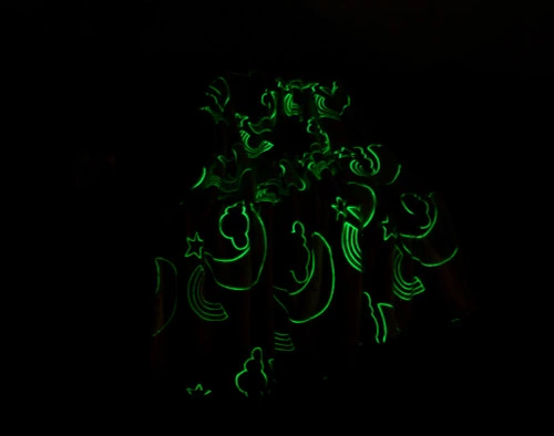 Our Goodnight Cloud Glow in the Dark Fleece Throw sitting with a light green glow in a darkened living room.