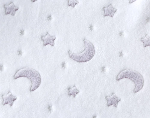 Close-up on our Stars & Moons Glow in the Dark Fleece Throw to show its greys star and crescent moons over its white surface.