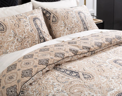 Closer view of the folded top edge on our Lansdowne Duvet Cover to show its intricate paisley and medallion designs.