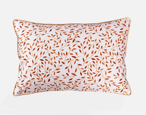 Front view of the leaf print pattern reverse on our Saturna Pillow Sham sitting against a solid white background.