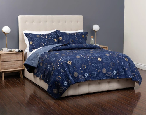 Angled view of our Solar System Cotton Quilt Set in a clean kids' bedroom with white dressers and grey walls.