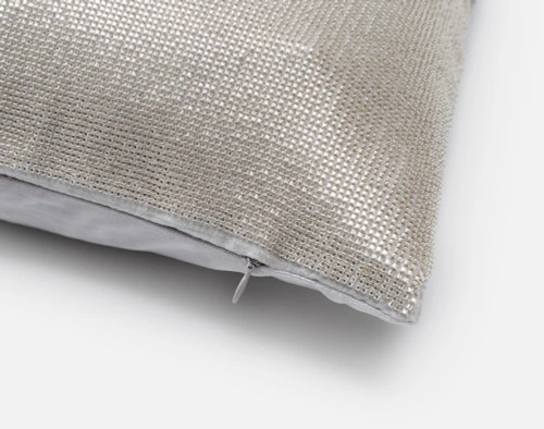 Close-up on the corner and zipper enclosure on our Beaded Square Cushion Cover in Silver.