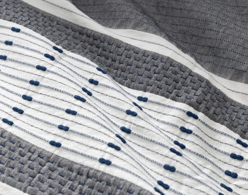 Close-up on the deep blue stitches and textural designs on our Dash Duvet Cover.