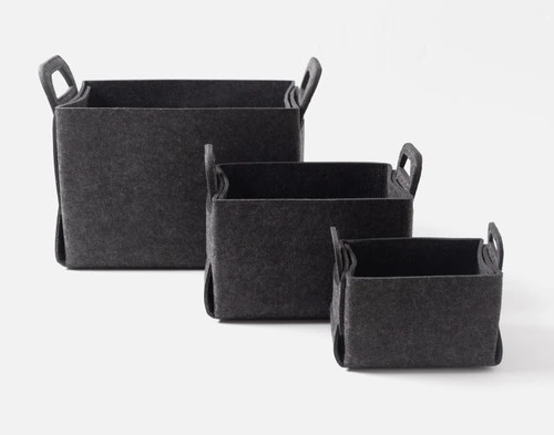 Front view of our three Collapsible Felt Basket stacked from largest to smallest going from left to right.