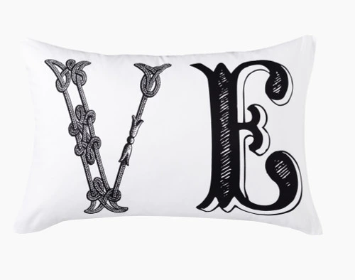 Front view of the V and E pillow on one of our Love Pillow Talk Pillowcases.