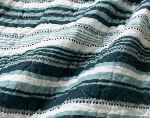 Close-up of the mixed blue tone stripes on the reverse of our Sandpiper Cotton Quilt Set.