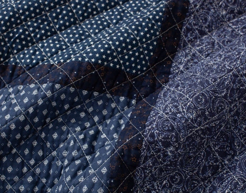 Close-up of the mixed blue patch design on the surface design of our Abilene Cotton Quilt Set.