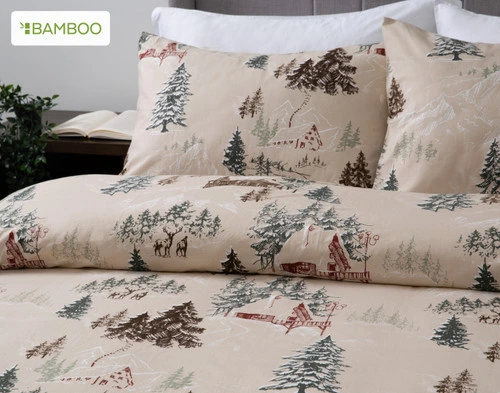 Close angled view of our Mountain Hut  Duvet Cover Set to show it gently rolled and folded.