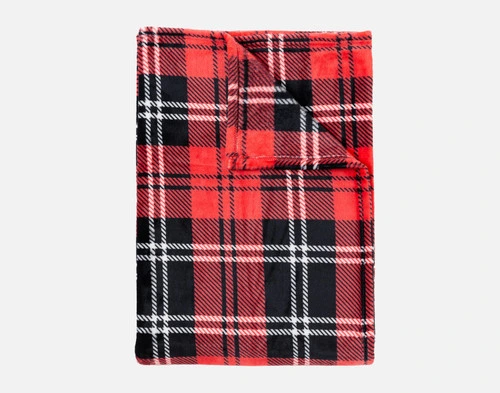 Our Carmine Plaid Throw folded into a tidy square on a solid white ground.