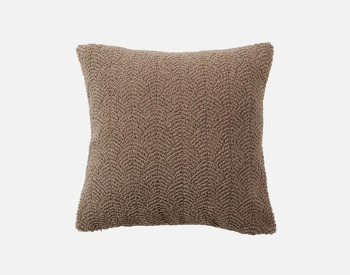 Front view of the soft, textured surface on our Ripple Boucle Square Cushion in Truffle on a white background.