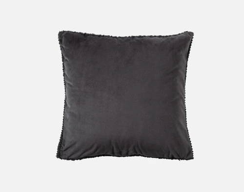 Front view of the smooth velvet backing on our Ripple Boucle Square Cushion in Soot on a white background.