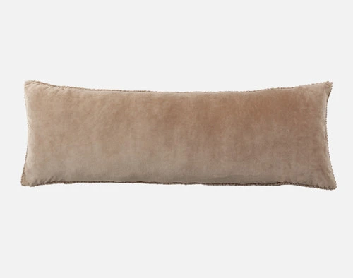 Front view of the smooth velvet backing on our Ripple Boucle Lumbar Pillow in Truffle on a white background.