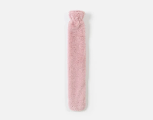 Top view of our Pink Faux Fur Lumbar Hot Water Bottle sitting on a solid white ground.