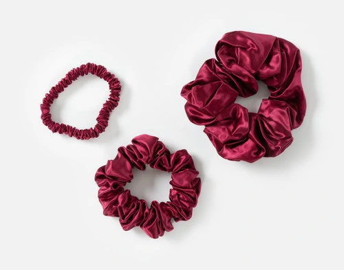 Top view of the small, medium and large scrunchies in our Cherry Mulberry Silk Scrunchie Set.