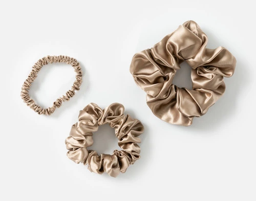 Top view of the small, medium and large scrunchies in our Bronze Mulberry Silk Scrunchie Set.