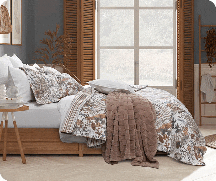 A GIF consisting of three images of our Woodland Meadow Cotton Quilt Set from various angles.