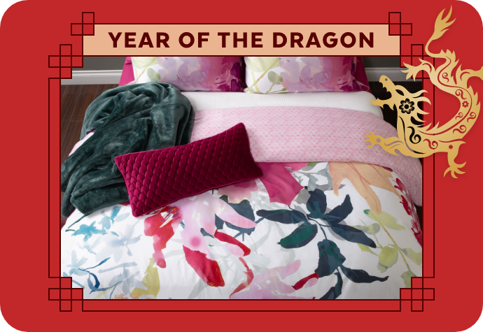 A graphic representing the Year of the Dragon, showing our Mambo Duvet Cover with a red border.