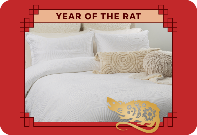 A graphic representing the Year of the Rat, showing our Boca Duvet Cover with a red border.