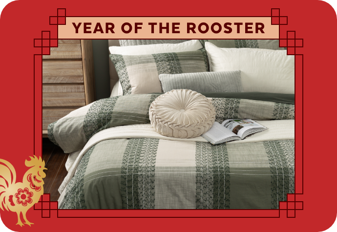 A graphic representing the Year of the Rooster, showing our Larch Duvet Cover with a red border.