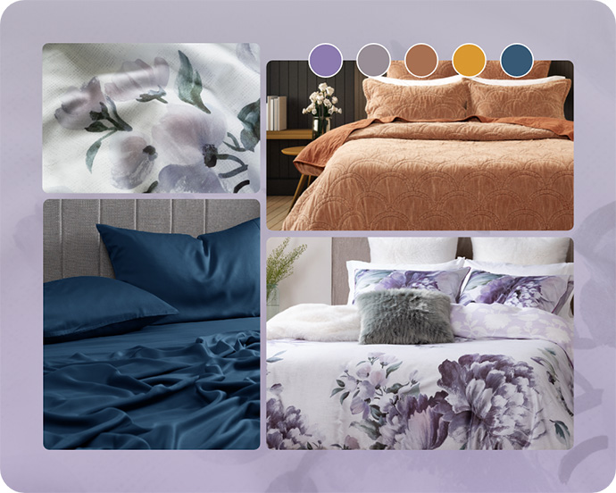 Maximalism mood board featuring the Divine Duvet Cover, Renae Quilt Set, and Eucalyptus Luxe Sheets in Seaport.