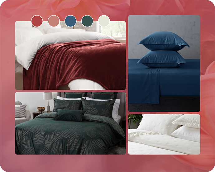 Romance mood board featuring the Astra Duvet Cover, Beechbliss Sheets in Seaport and Cashmere Touch Fleece Blanket in Cabernet.